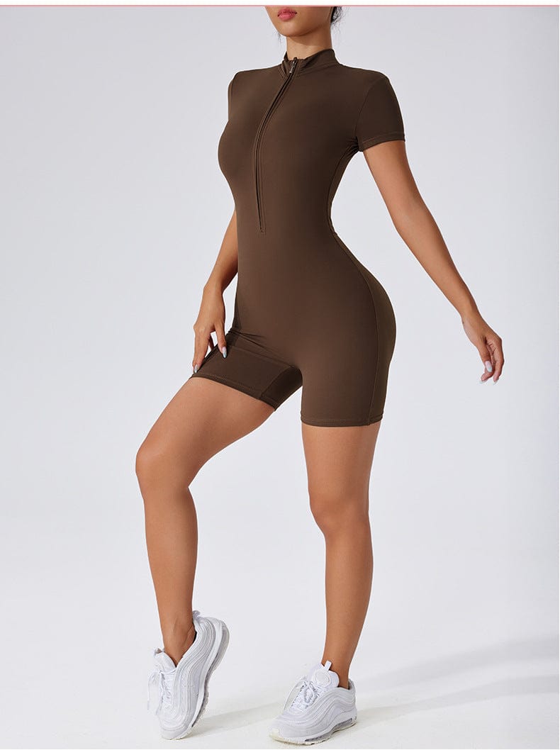 Valantomode | Women's Short Sleeve Yoga Jumpsuit with Front Zip Closure