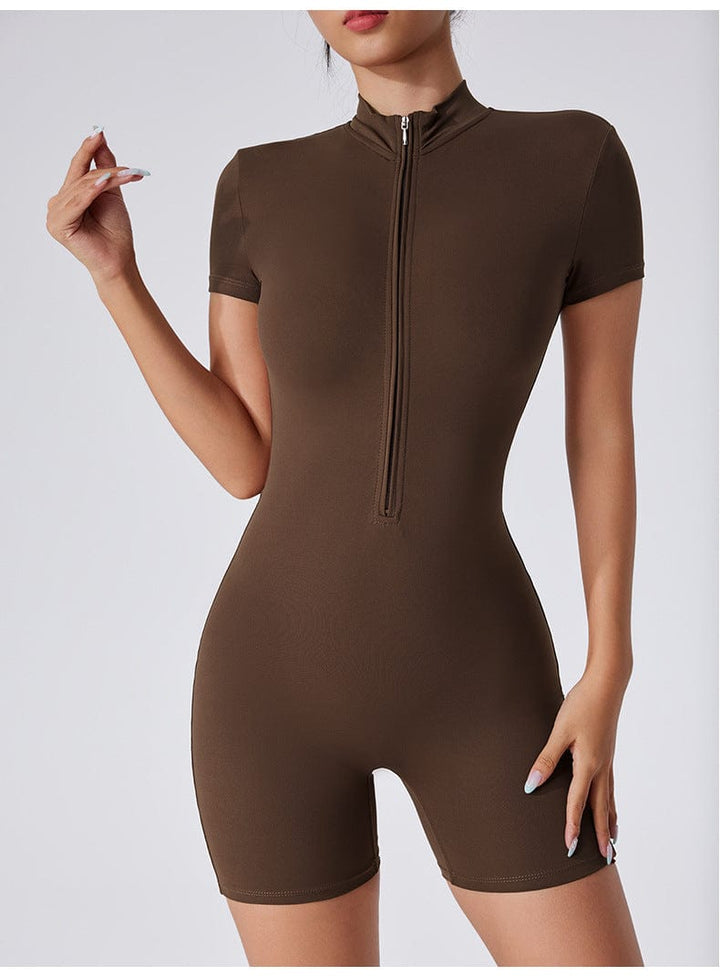 Valantomode | Women's Short Sleeve Yoga Jumpsuit with Front Zip Closure