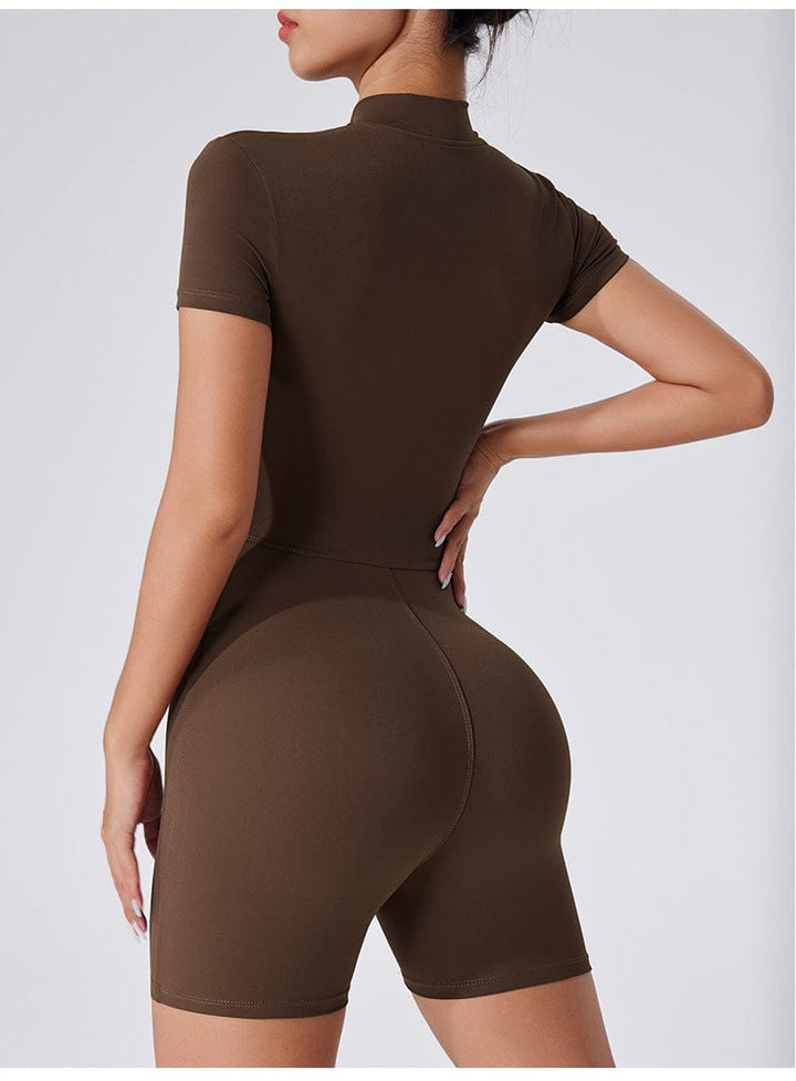 Valantomode | Women's Short Sleeve Yoga Jumpsuit with Front Zip Closure