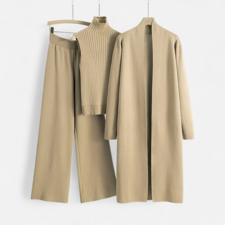 Valantomode | Women’s Soft Knitted 3-Piece Set - Cozy Cardigan, Crop Top & Pants Lounge Set