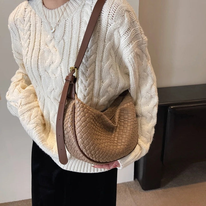 Valantomode | The Tesla Interlace Garrison – Women's Premium Braided Vegan Leather Half-Moon Handbag