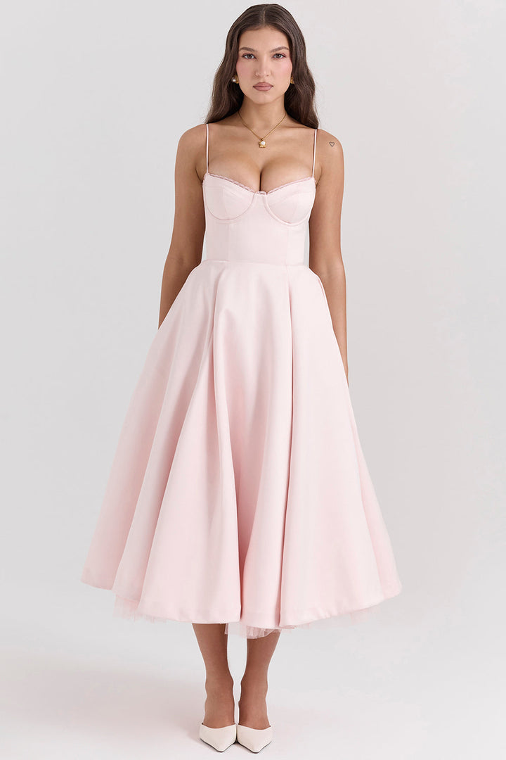 Valantomode | Elegant Pink Midi Dress for Women's Cocktail Parties