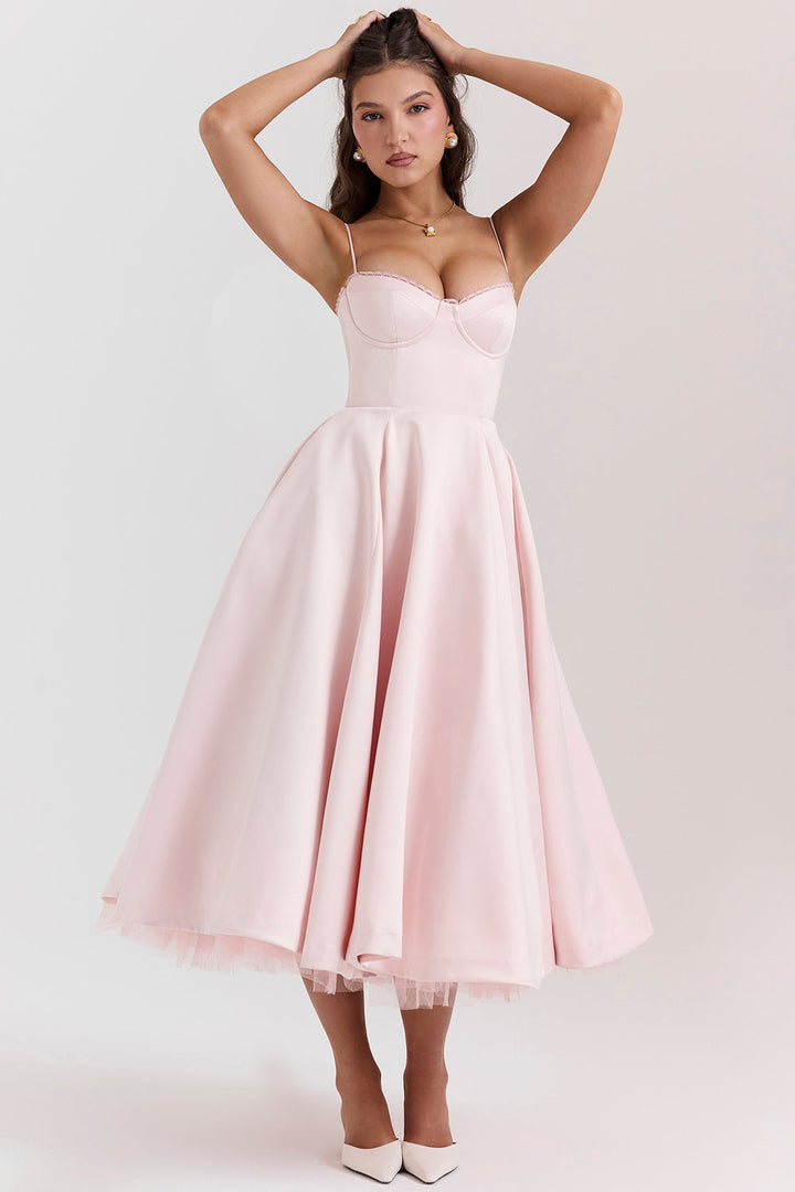 Valantomode | Elegant Pink Midi Dress for Women's Cocktail Parties