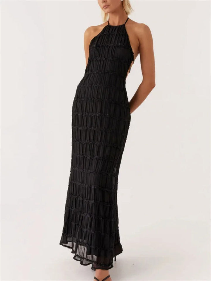 Valantomode | Halter Neck Maxi Dress with Ruffles for Effortless Elegance
