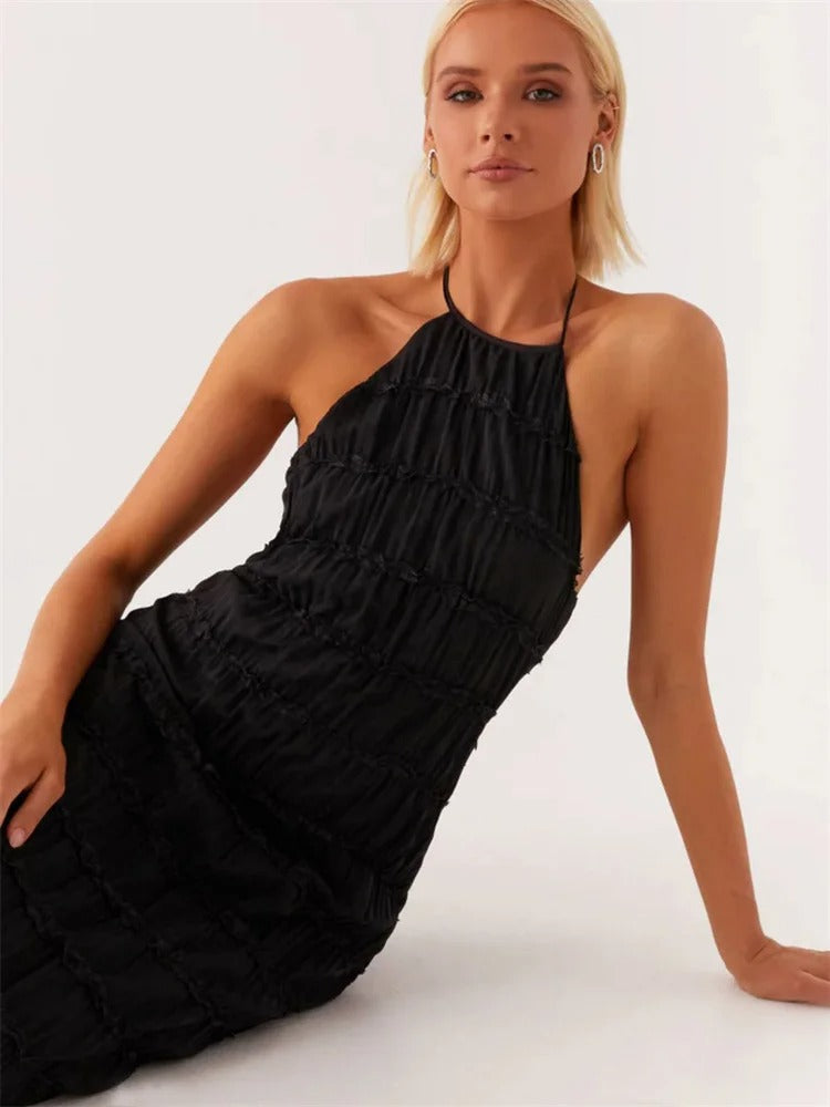 Valantomode | Halter Neck Maxi Dress with Ruffles for Effortless Elegance