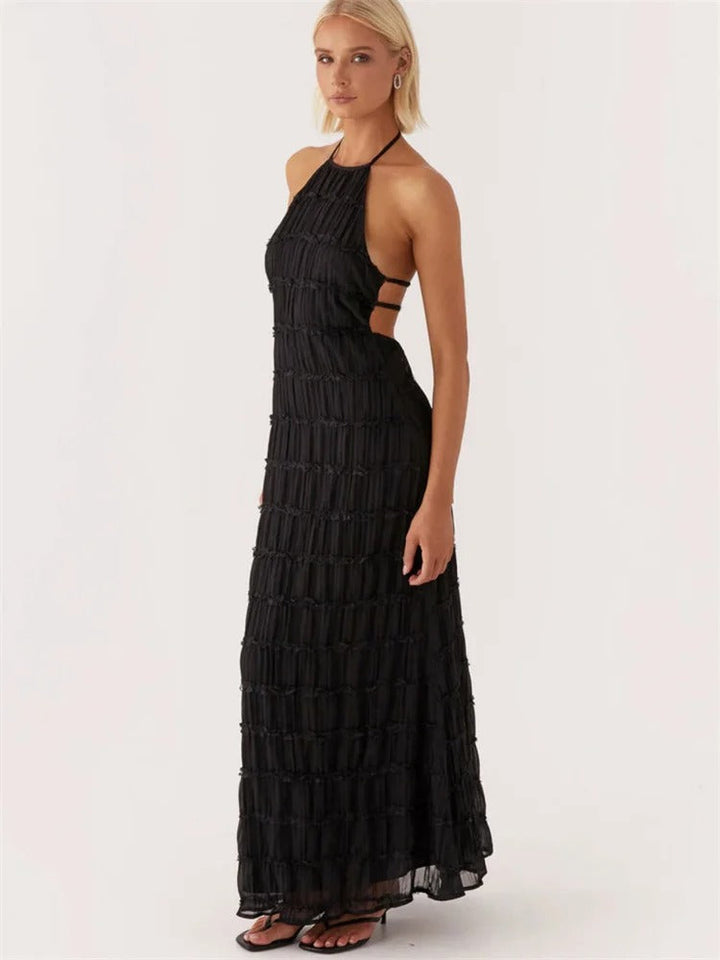 Valantomode | Halter Neck Maxi Dress with Ruffles for Effortless Elegance