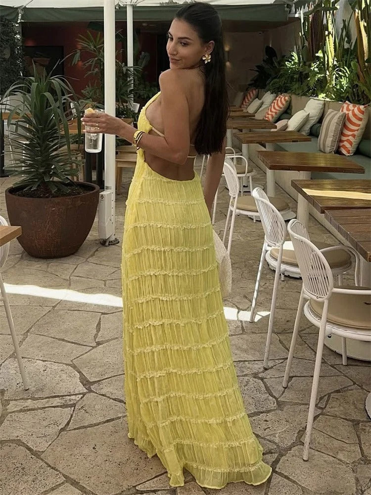 Valantomode | Halter Neck Maxi Dress with Ruffles for Effortless Elegance