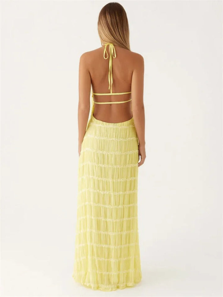 Valantomode | Halter Neck Maxi Dress with Ruffles for Effortless Elegance