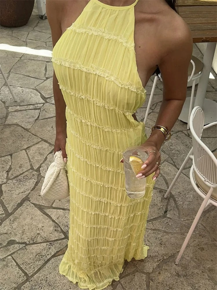 Valantomode | Halter Neck Maxi Dress with Ruffles for Effortless Elegance