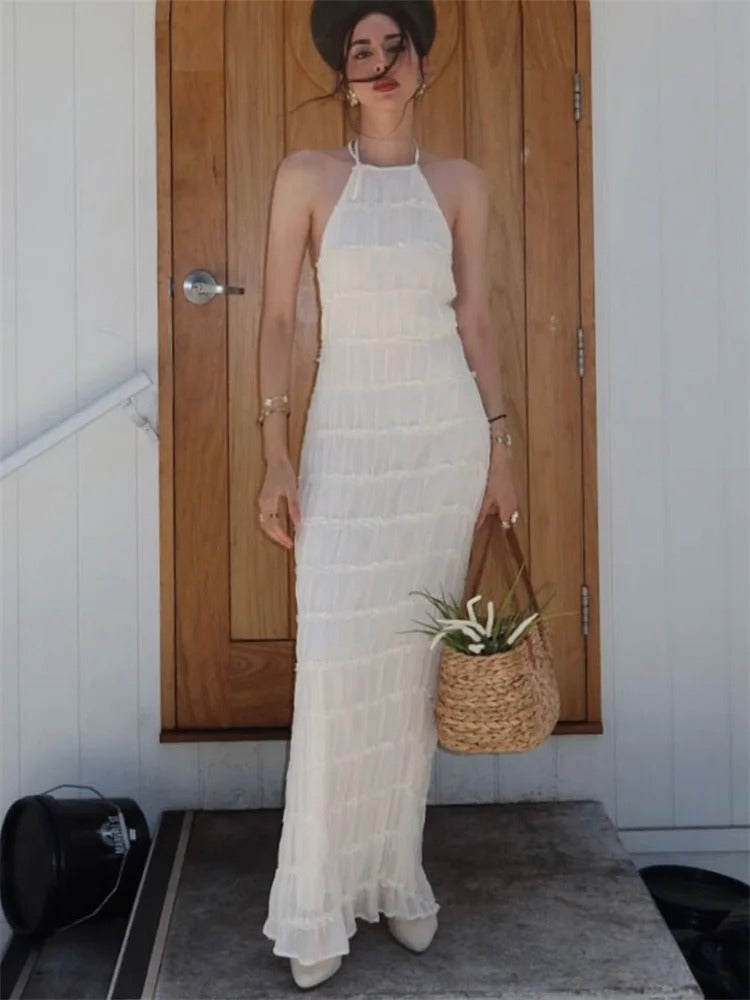 Valantomode | Halter Neck Maxi Dress with Ruffles for Effortless Elegance