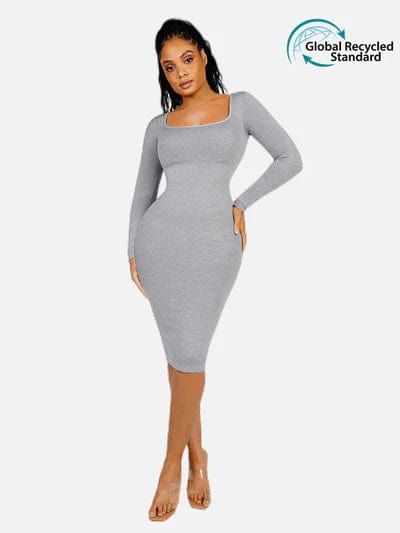 Valantomode | Bodycon Midi Dress with Long Sleeves and Tummy Control