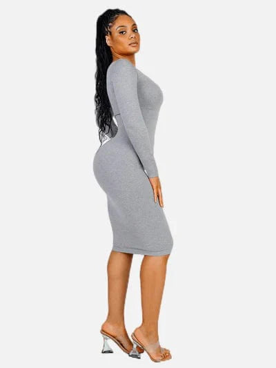 Valantomode | Bodycon Midi Dress with Long Sleeves and Tummy Control