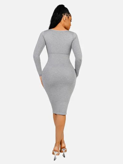 Valantomode | Bodycon Midi Dress with Long Sleeves and Tummy Control