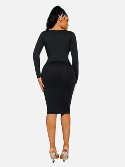 Valantomode | Bodycon Midi Dress with Long Sleeves and Tummy Control