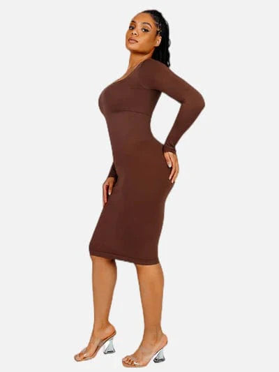 Valantomode | Bodycon Midi Dress with Long Sleeves and Tummy Control