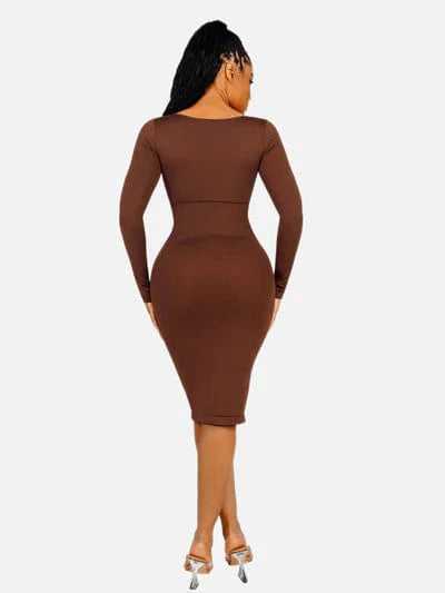 Valantomode | Bodycon Midi Dress with Long Sleeves and Tummy Control