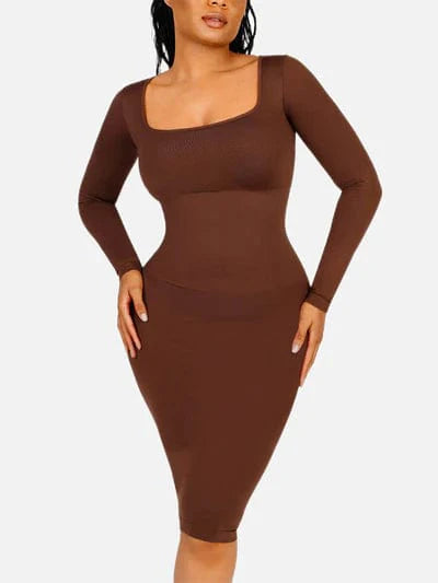 Valantomode | Bodycon Midi Dress with Long Sleeves and Tummy Control