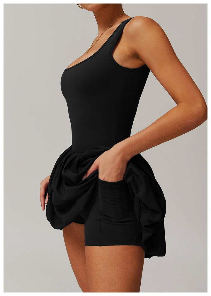 Valantomode | Women's Square Neck Tennis Dress with Built-In Pocketed Shorts