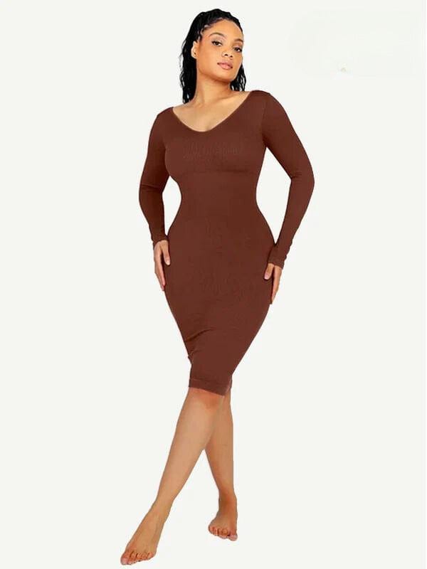 Valantomode | V-Neck Long Sleeve Bodycon Midi Dress with Waist-Cinching Design