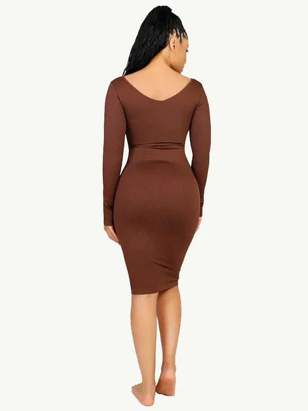 Valantomode | V-Neck Long Sleeve Bodycon Midi Dress with Waist-Cinching Design