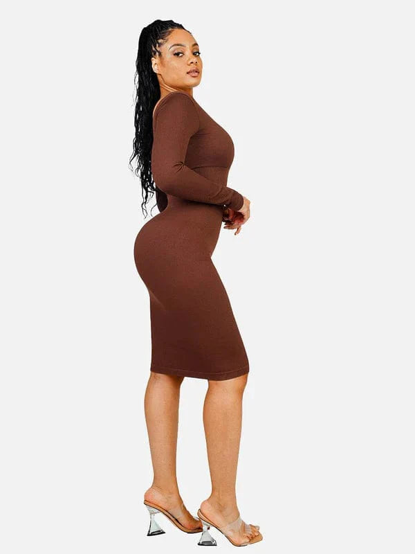 Valantomode | V-Neck Long Sleeve Bodycon Midi Dress with Waist-Cinching Design