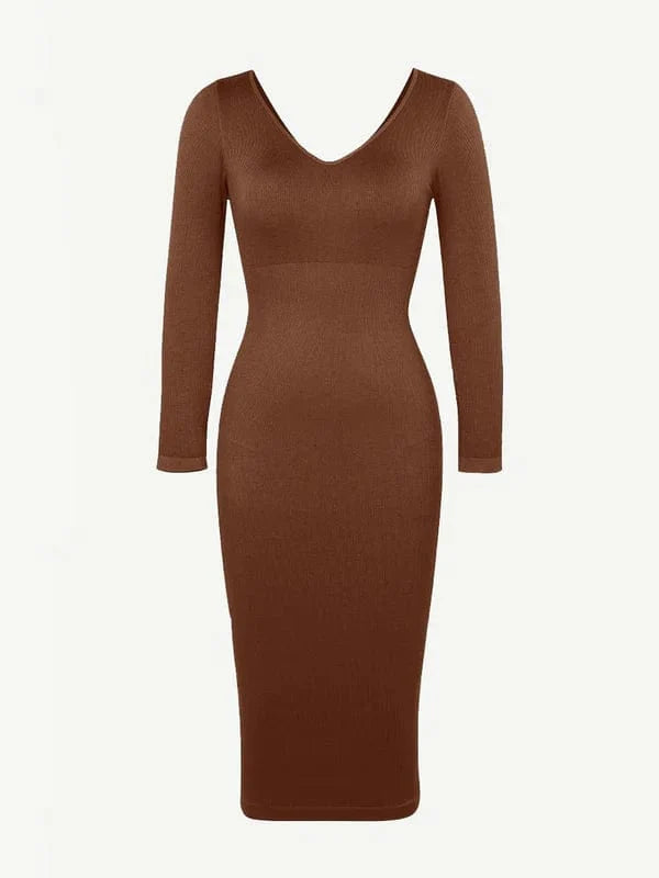 Valantomode | V-Neck Long Sleeve Bodycon Midi Dress with Waist-Cinching Design