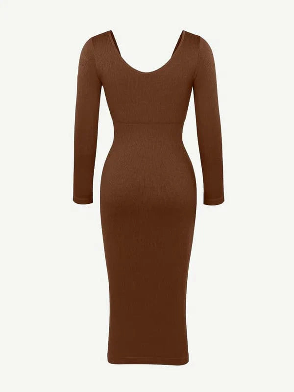 Valantomode | V-Neck Long Sleeve Bodycon Midi Dress with Waist-Cinching Design