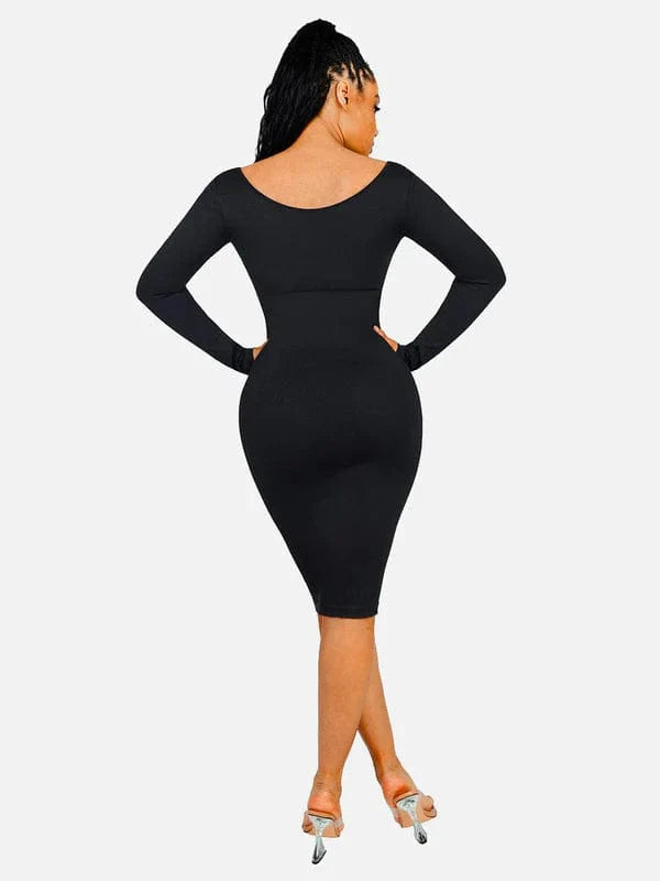 Valantomode | V-Neck Long Sleeve Bodycon Midi Dress with Waist-Cinching Design
