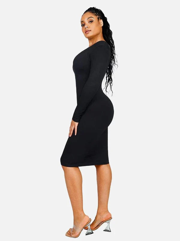 Valantomode | V-Neck Long Sleeve Bodycon Midi Dress with Waist-Cinching Design