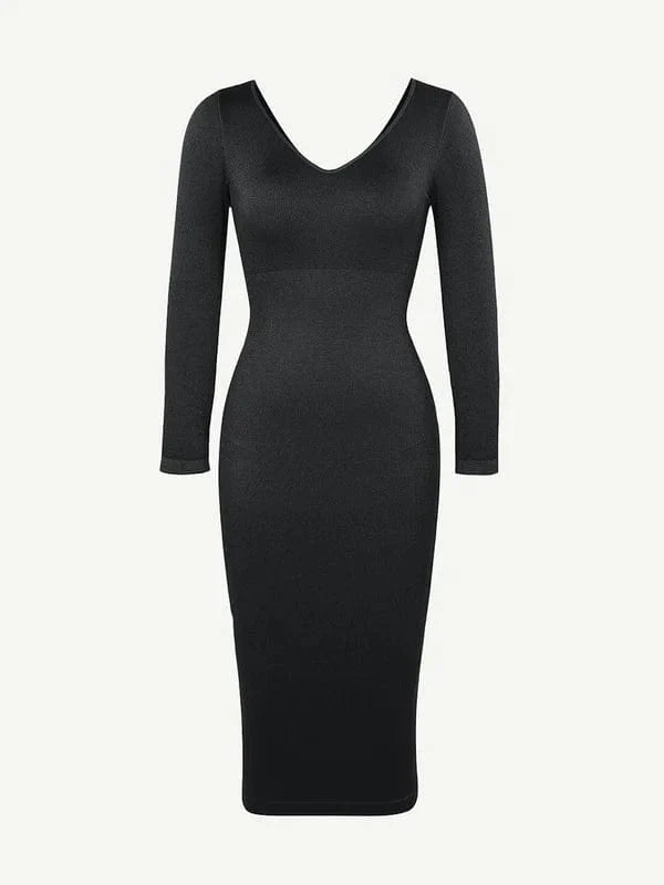 Valantomode | V-Neck Long Sleeve Bodycon Midi Dress with Waist-Cinching Design