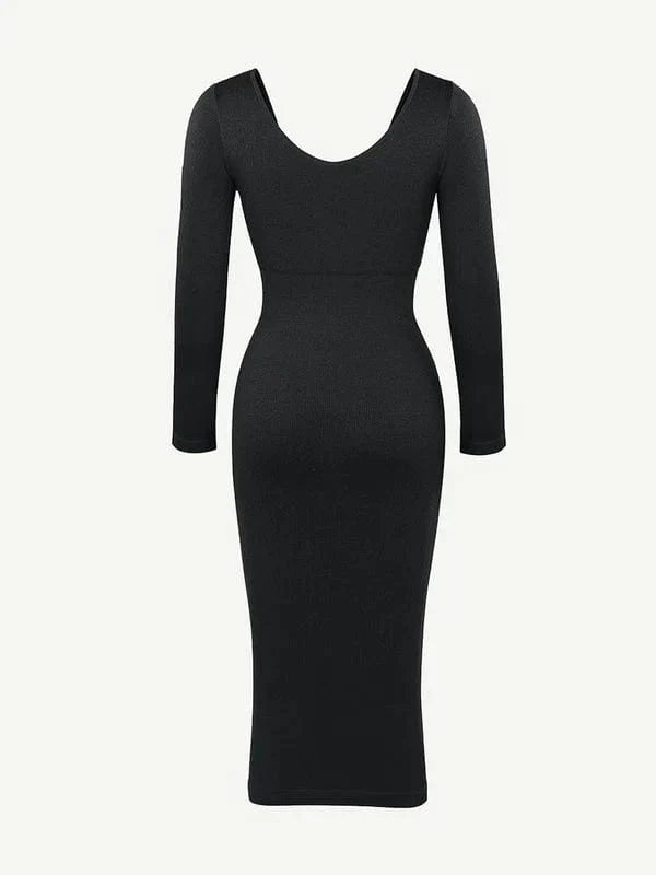 Valantomode | V-Neck Long Sleeve Bodycon Midi Dress with Waist-Cinching Design
