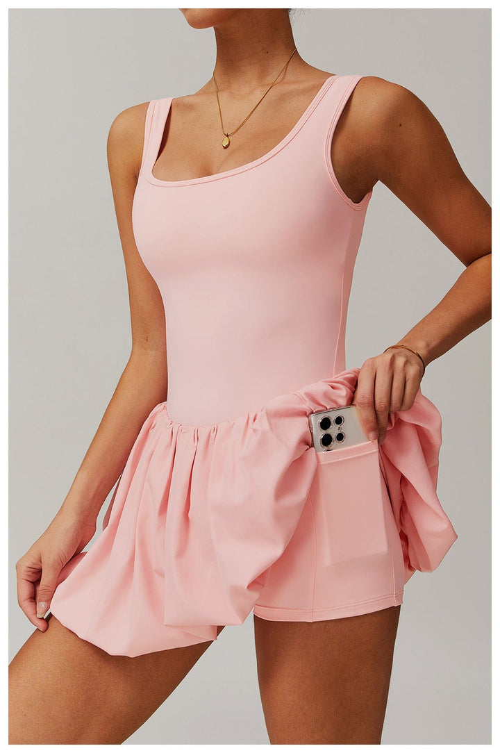 Valantomode | Women's Square Neck Tennis Dress with Built-In Pocketed Shorts