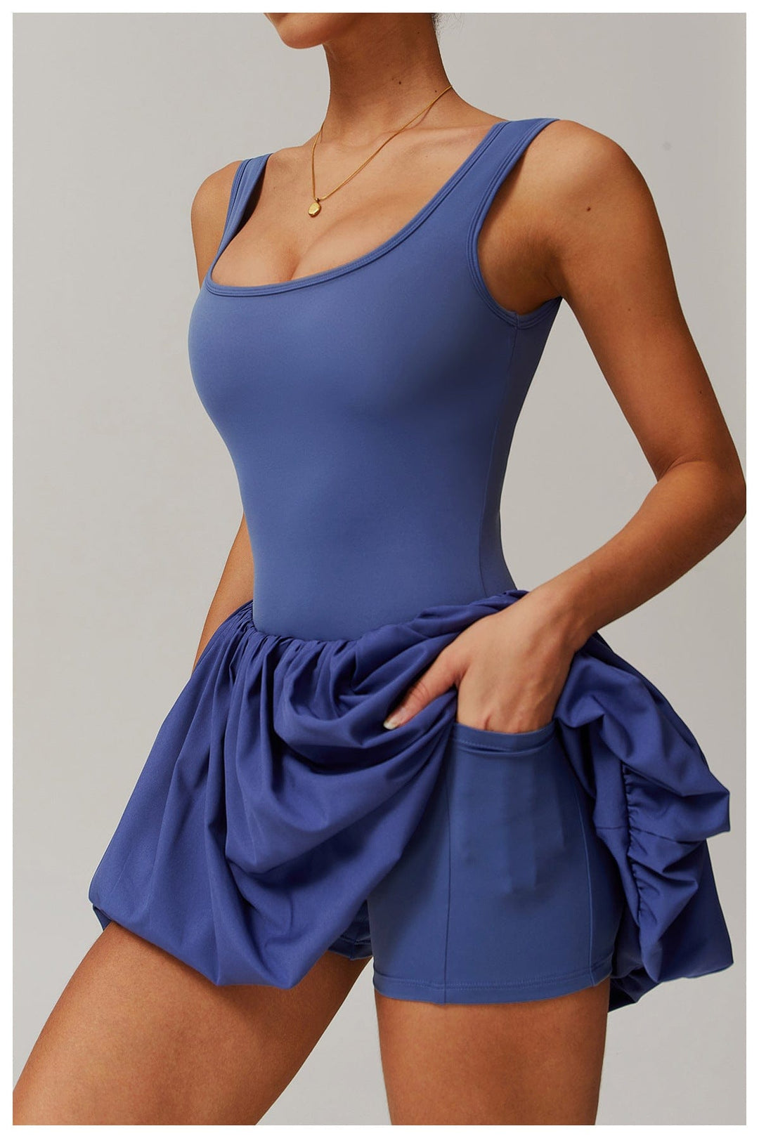 Valantomode | Women's Square Neck Tennis Dress with Built-In Pocketed Shorts