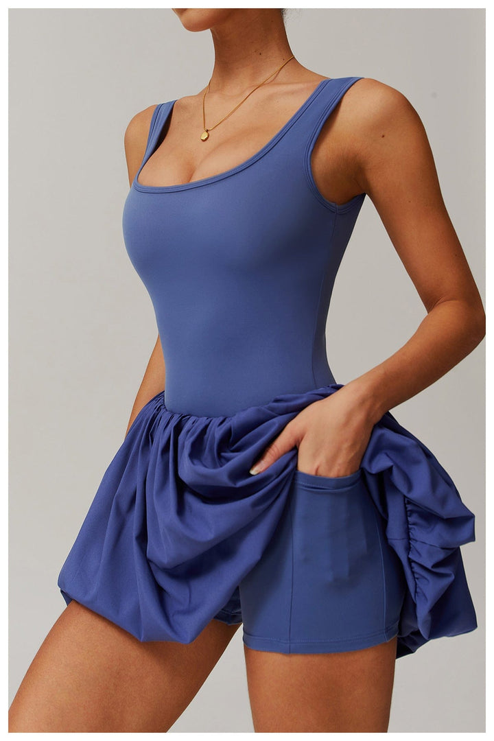 Valantomode | Women's Square Neck Tennis Dress with Built-In Pocketed Shorts