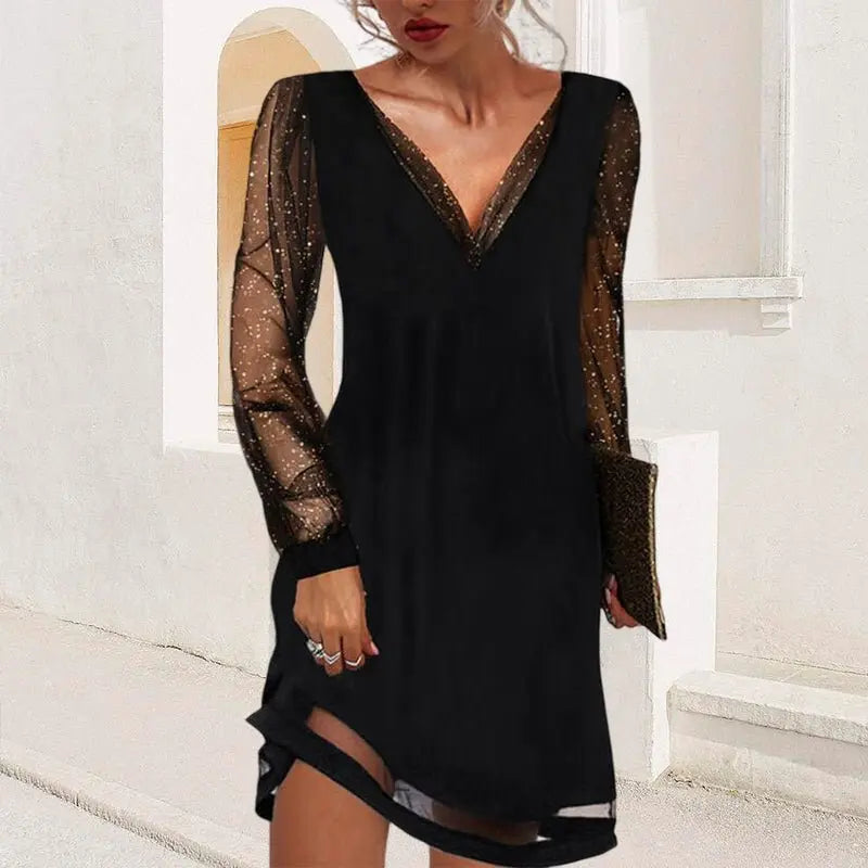 Valantomode | Elegant Evening Dress with Sheer Sleeves for Formal Events