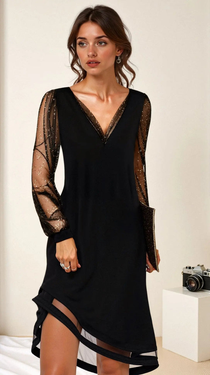 Valantomode | Elegant Evening Dress with Sheer Sleeves for Formal Events