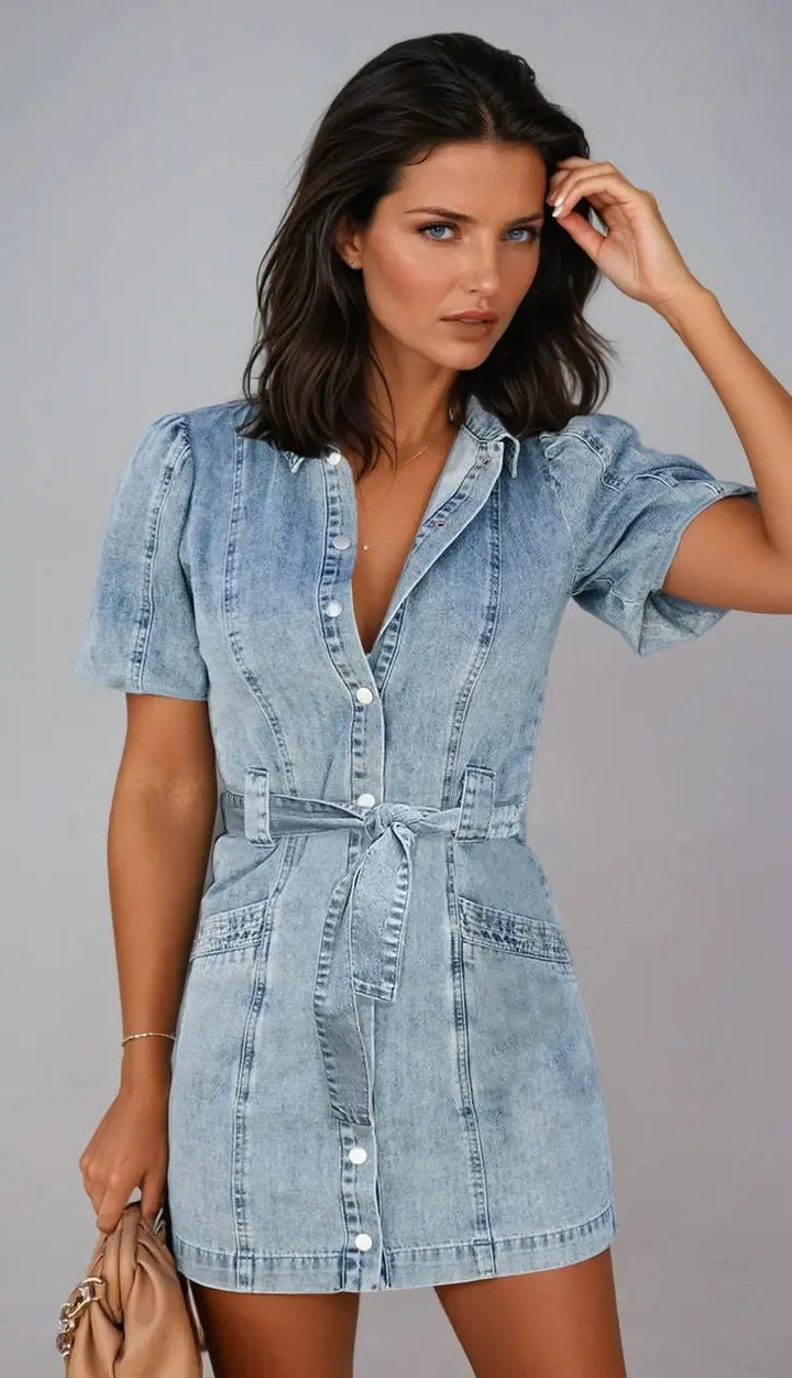 Valantomode | Stylish Denim Dress with Puff Sleeves and Button Detail