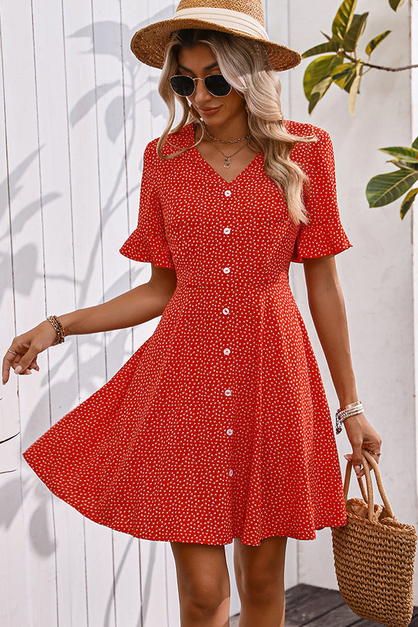 Valantomode | Chic Floral V Neck Button-Up Casual Dress