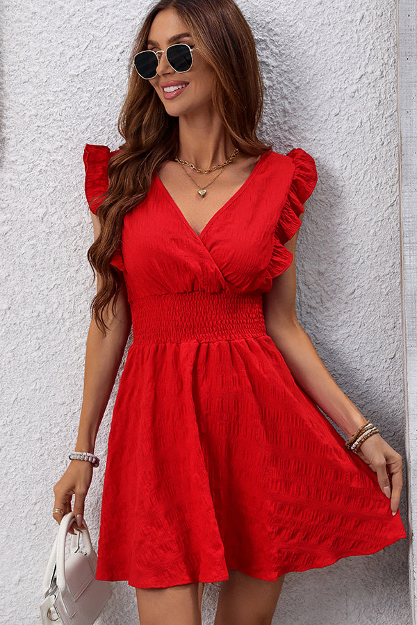 Valantomode | Chic V Neck Ruffle Sleeve Mini Dress in Solid Colors