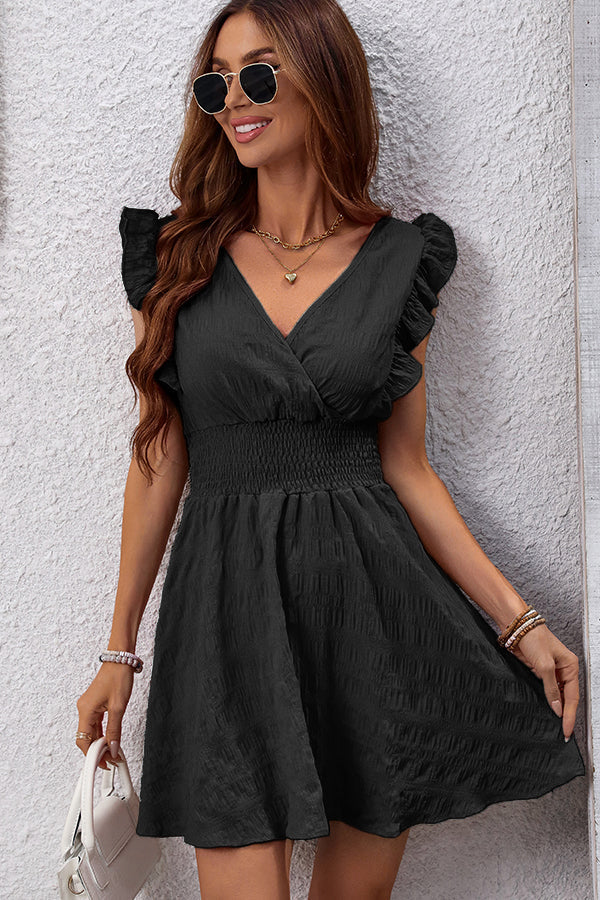 Valantomode | Chic Black V Neck Ruffle Sleeve Mini Dress for Effortless Style