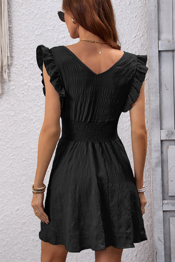 Valantomode | Chic Black V Neck Ruffle Sleeve Mini Dress for Effortless Style