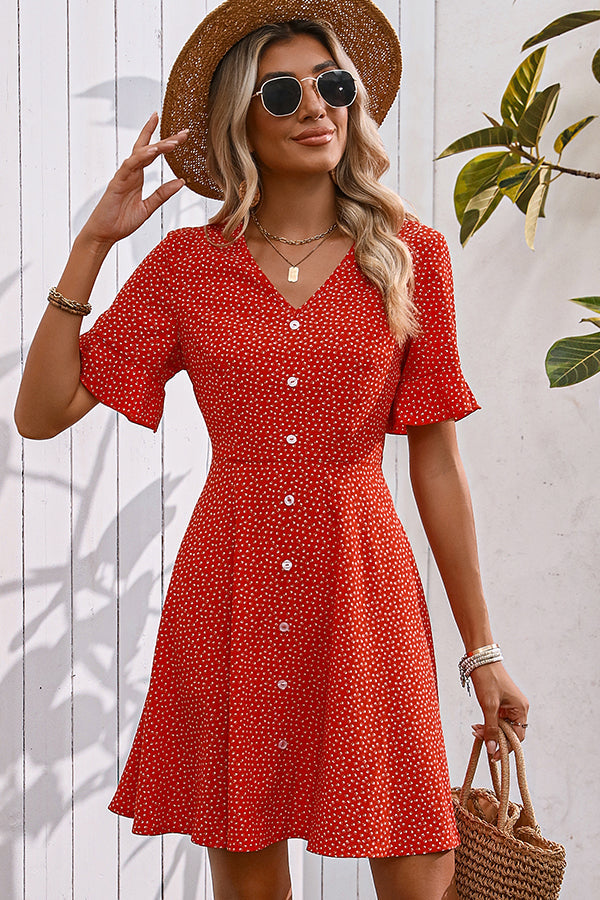 Valantomode | Chic Floral V Neck Button-Up Casual Dress