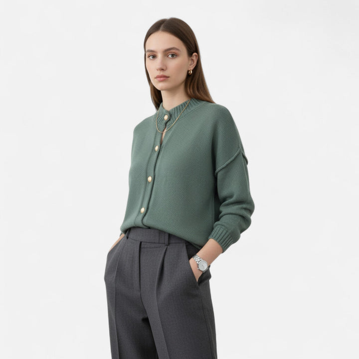 Valantomode | Women’s Buttoned Knit Cardigan – Linear Softness & Sculpted Elegance