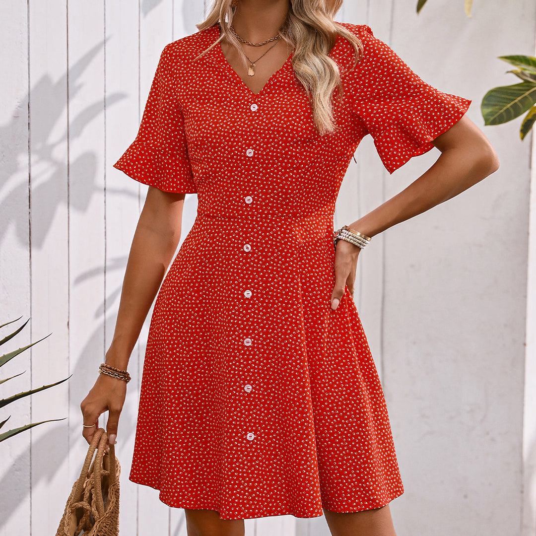 Valantomode | Chic Floral V Neck Button-Up Casual Dress