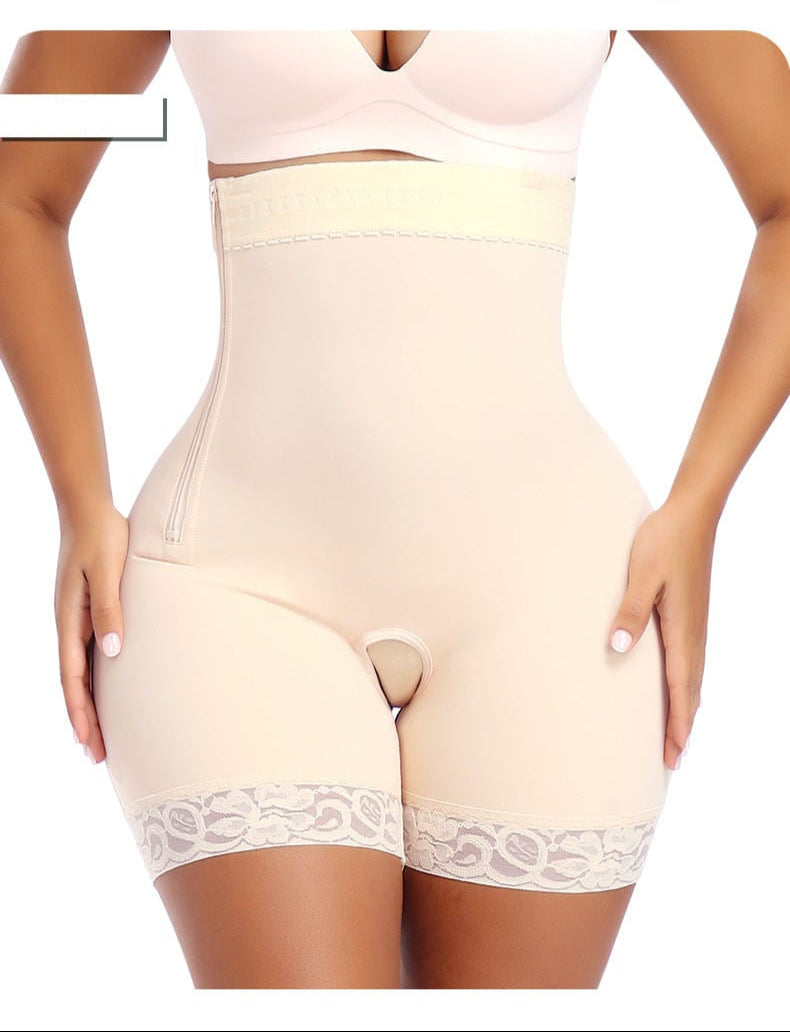 Valantomode | Lace-Trimmed Open Gusset Shapewear Shorts with Side Zipper