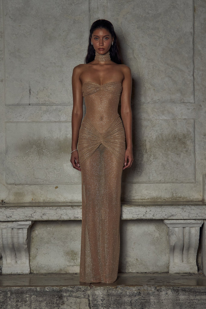 Valantomode | Glamorous Golden Glitter Evening Dress for Stunning Nights