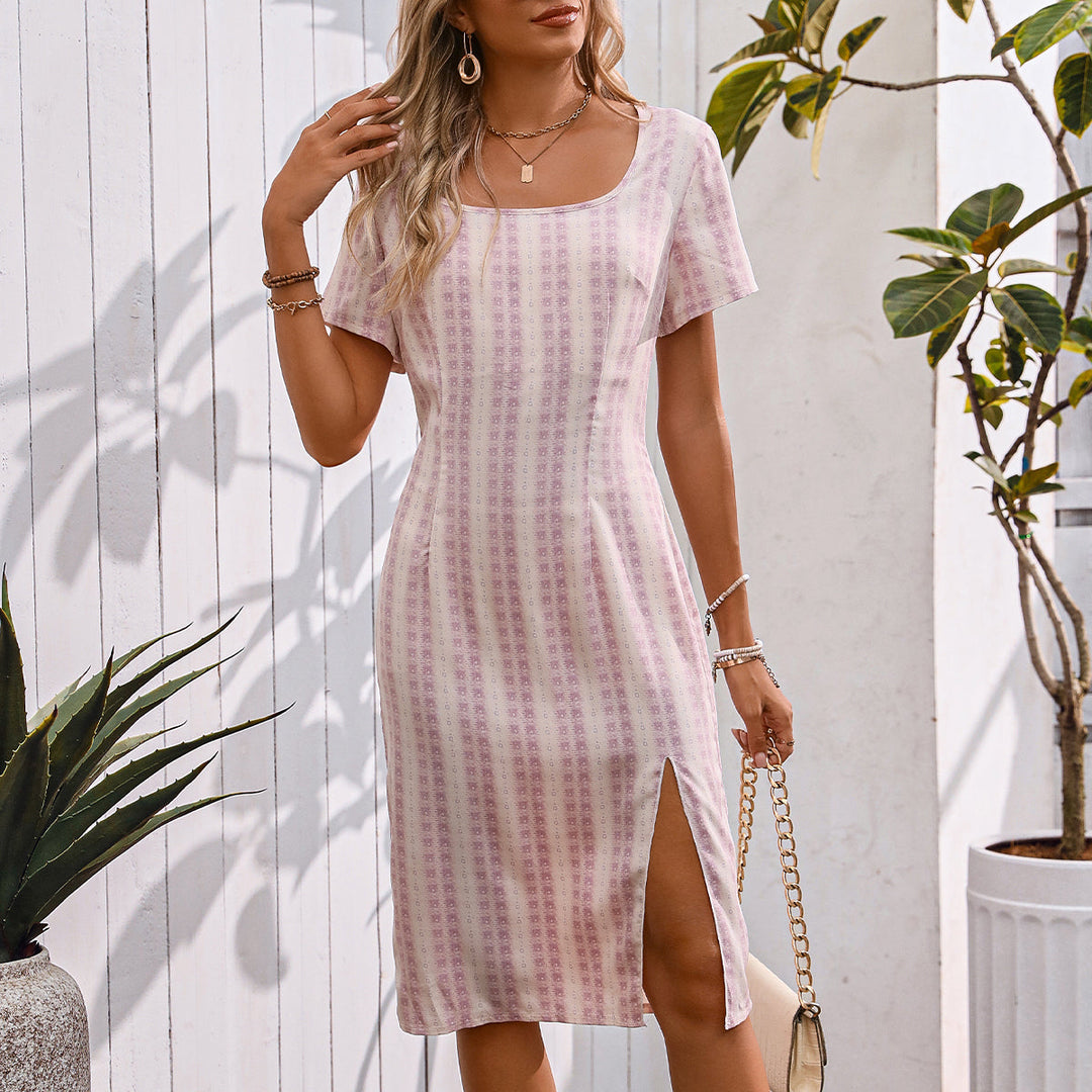 Valantomode | Chic Stripe Square Neck Casual Dress with Side Split