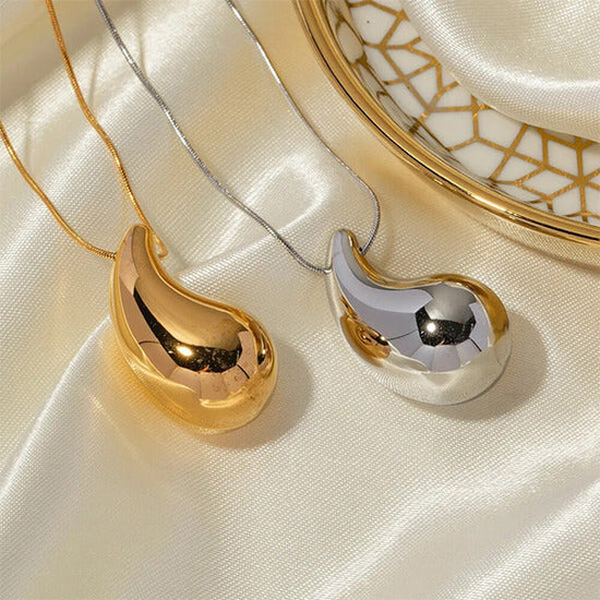 Valantomode | Plated Teardrop Pendant Necklace with Pendulous Fluid Structural Geometry
