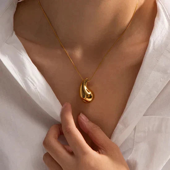 Valantomode | Plated Teardrop Pendant Necklace with Pendulous Fluid Structural Geometry