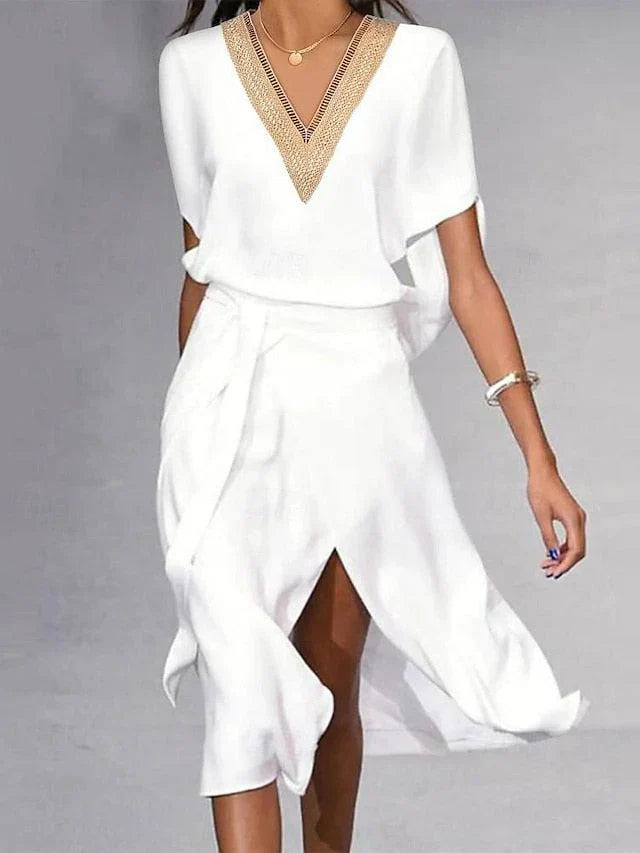 Valantomode | Stylish White Midi Dress with V-Neck for Every Occasion
